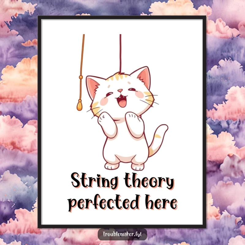 Funny Free Printable Wall Art: A cute cat playfully batting at a dangling string, full of mischievous fun.