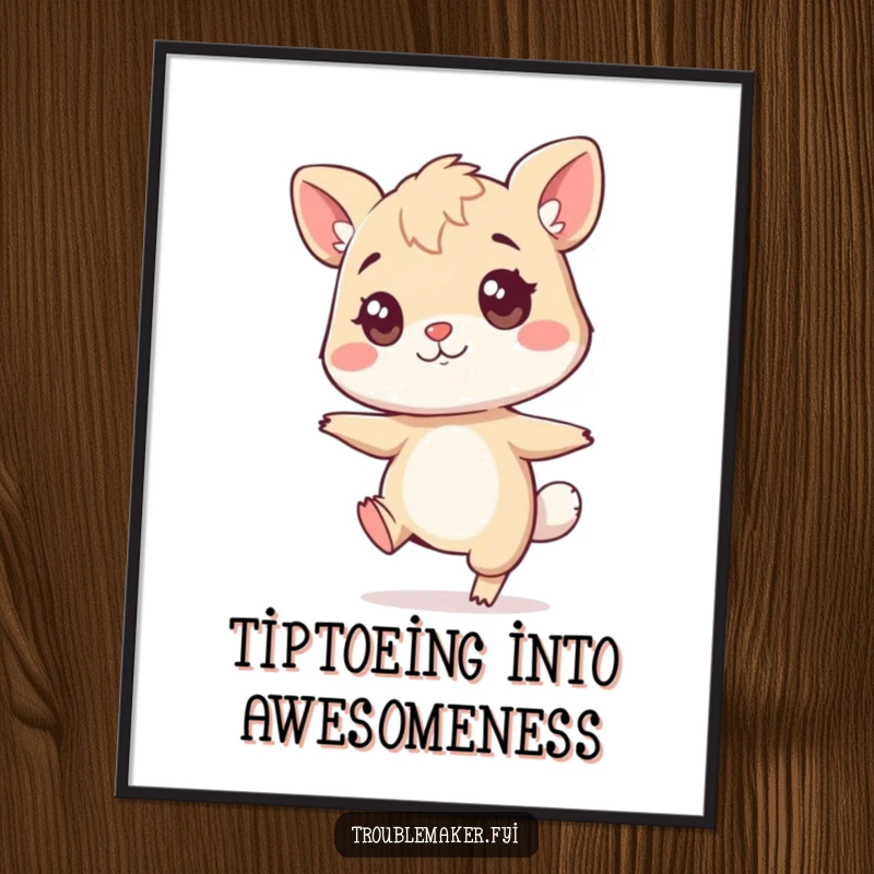 Funny free printable wall art featuring an animal character doing an exaggerated tiptoe with a mischievous twinkle, suggesting playful secrecy.