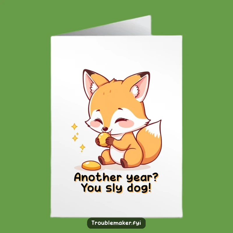 Free Printable Birthday Card: Playful Fox Steals Shiny, Funny Downloadable Greeting