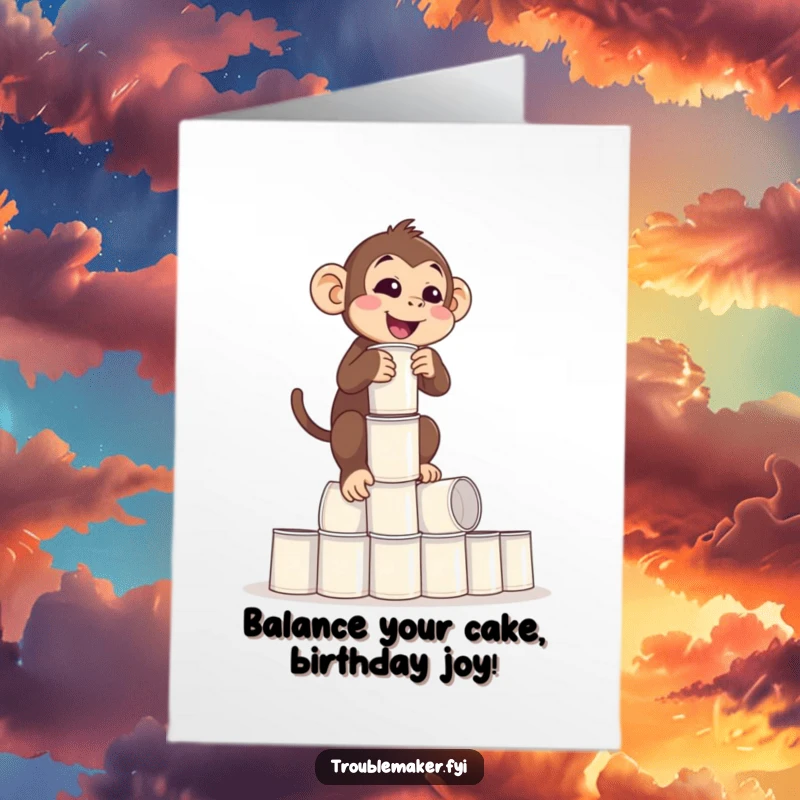 Funny Free Printable Birthday Card: a monkey precariously balancing a tower of empty cups, celebrating a birthday with clumsy humor.