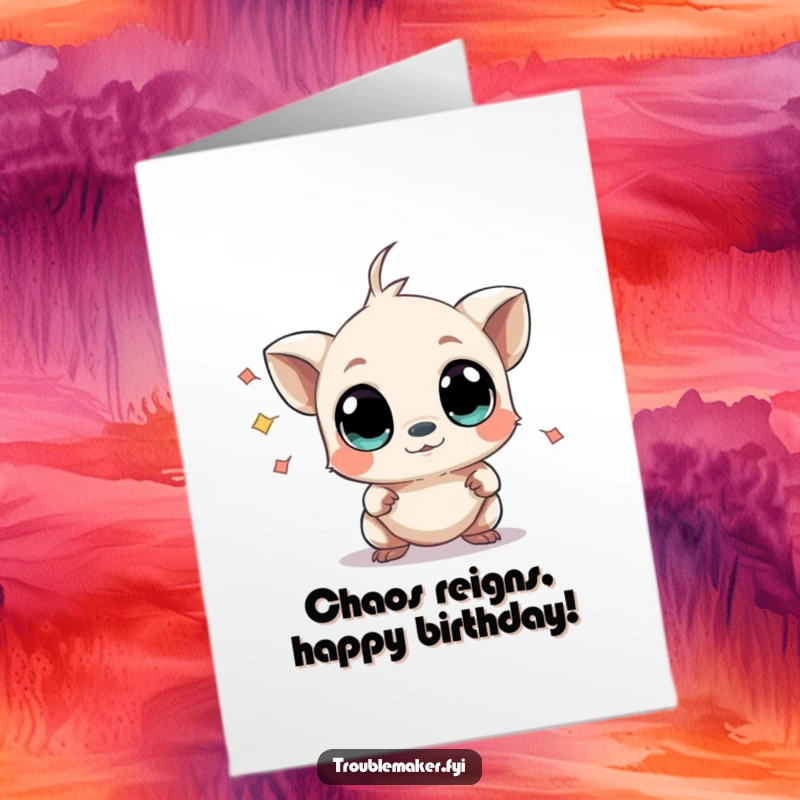 Funny free printable birthday card: A small creature with huge, curious eyes causing delightful, mild chaos.