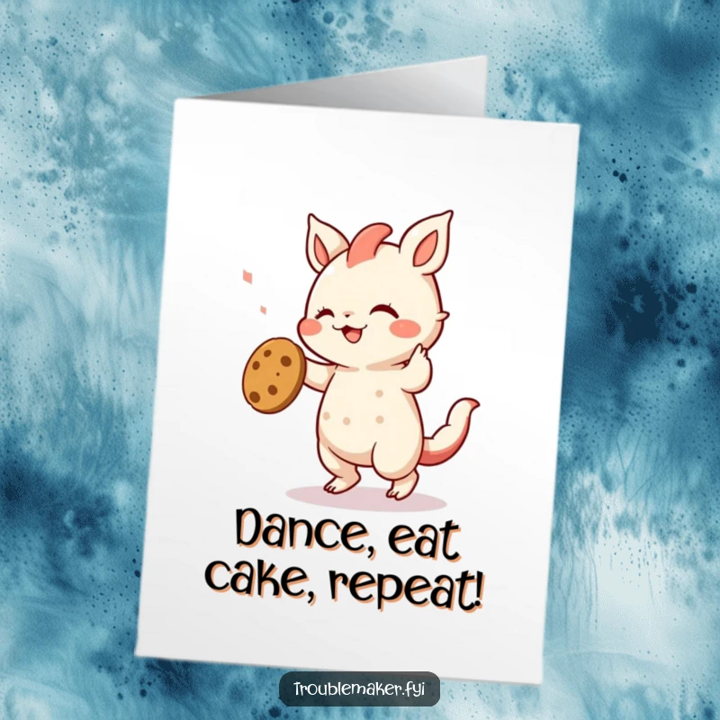 Funny Free Printable Birthday Card: Creature doing a wild, funny dance, holding a stolen cookie with pure, unadulterated joy for a birthday.
