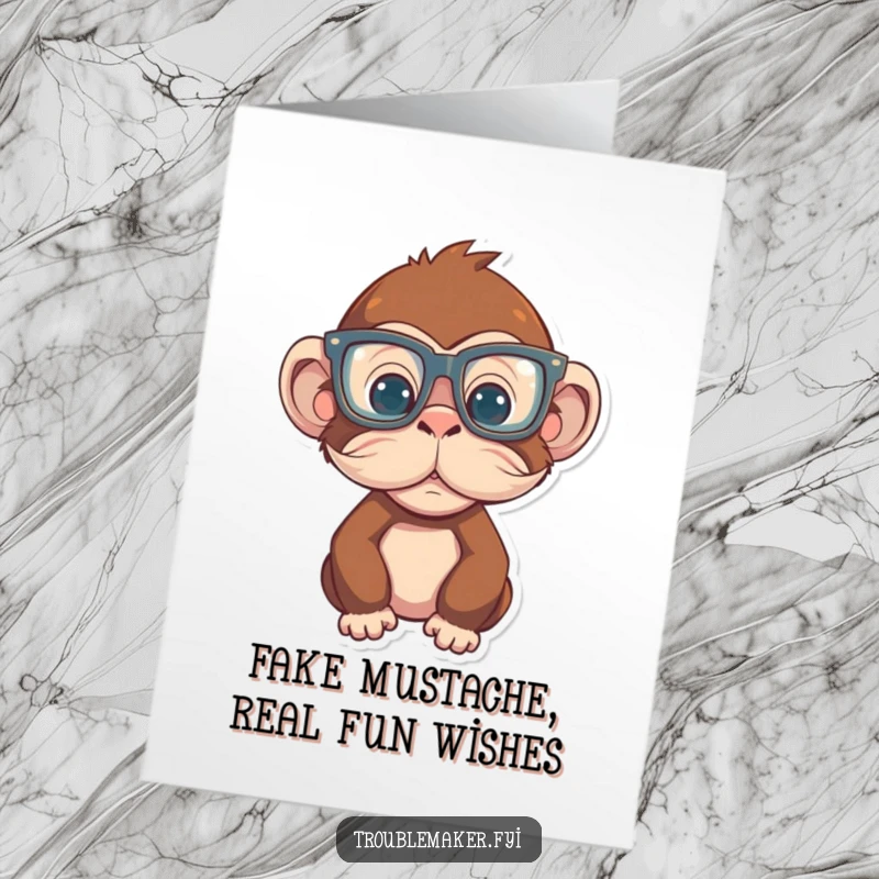 Funny Free Printable Birthday Card of a monkey in oversized glasses and a fake mustache, looking sophisticatedly silly for a birthday.