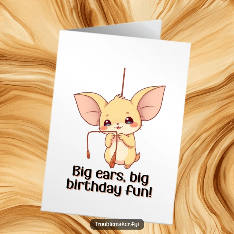 Funny Free Printable Birthday Card: Creature with comically large ears gleefully batting at a simple dangling string, full of joy.