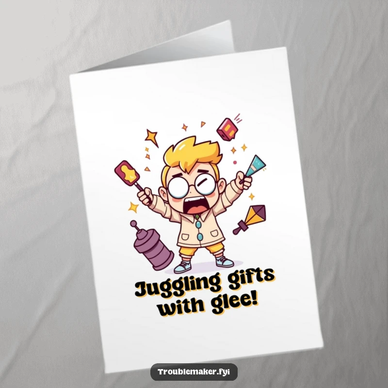 Funny Free Printable Birthday Card featuring a troublemaker character hilariously juggling three shiny, chaotic objects, celebrating birthday fun.
