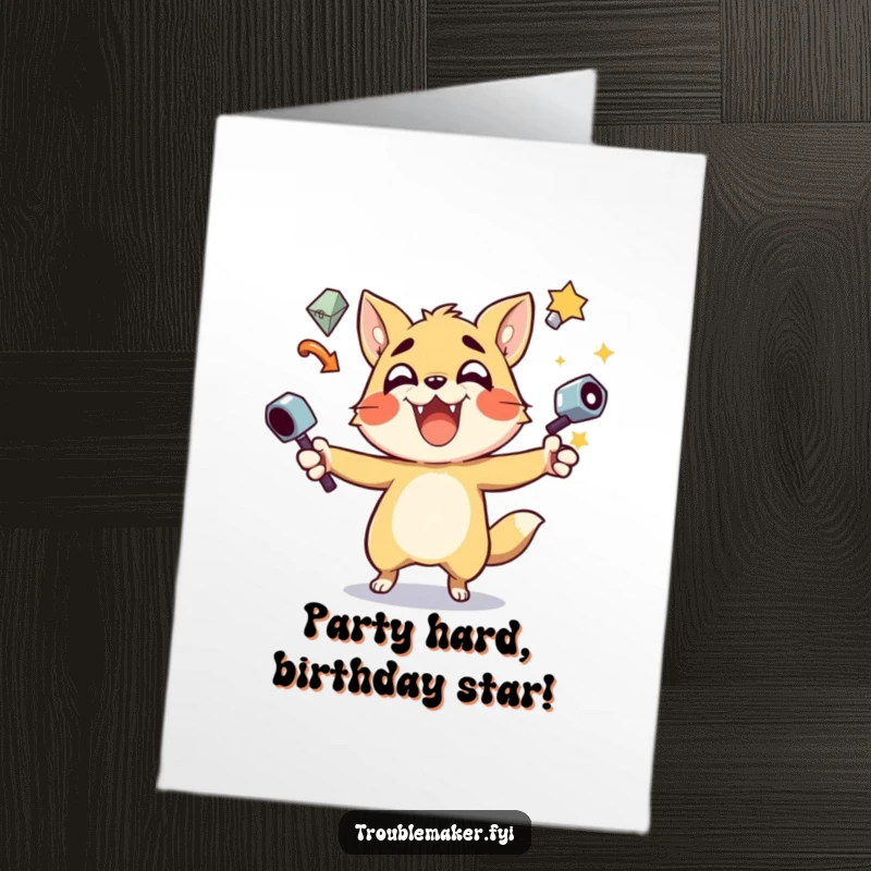 Funny Free Printable Birthday Card: Mischievous animal juggling shiny objects with a gleeful expression.