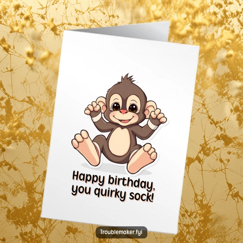 Funny Free Printable Birthday Card: Monkey wearing ridiculously oversized, mismatched socks, a quirky DIY gift.