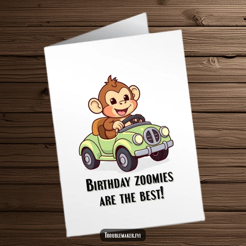 Funny Free Printable Birthday Card: Monkey joyfully speeding in a runaway toy car, a thrilling DIY gift.