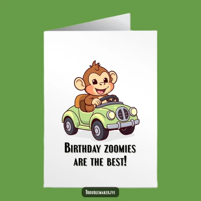 Free Printable Birthday Card: Monkey Races Toy Car, Funny Downloadable Gift