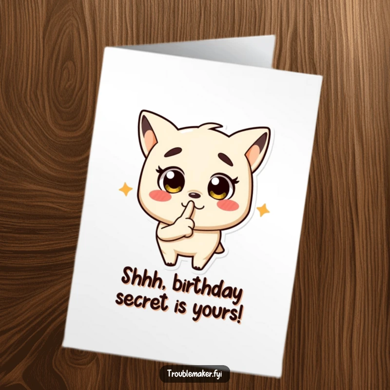 Funny Free Printable Birthday Card featuring a troublemaker character with a finger to its lips, urging quiet for a surprise party.