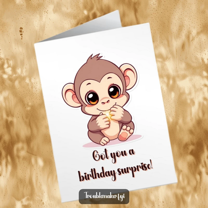 Funny Free Printable Birthday Card: Monkey with sparkling eyes hiding a shiny object, a great DIY birthday gift.