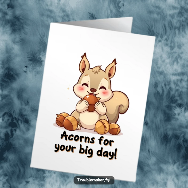 Funny Free Printable Birthday Card: A spirited squirrel stuffing cheeks with huge sparkling acorns, ready for a nutty birthday celebration.