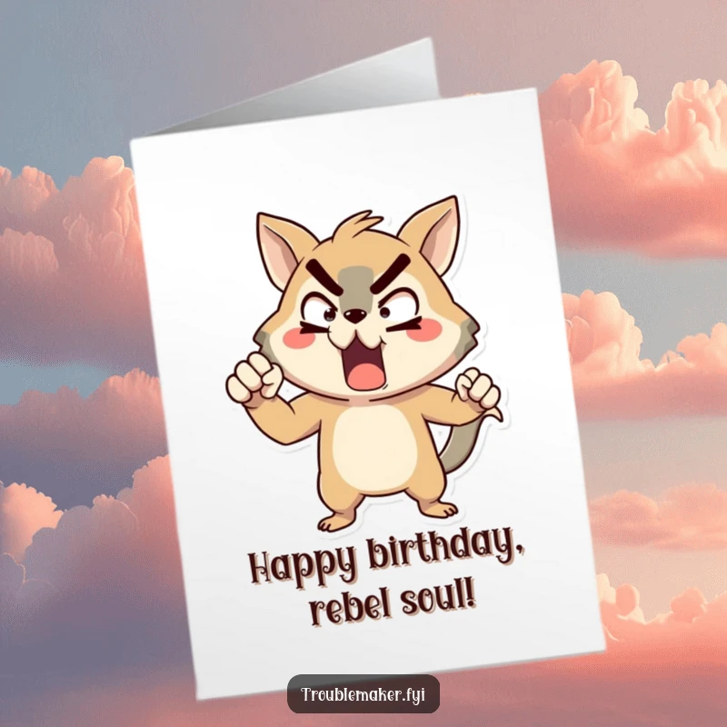 Funny Free Printable Birthday Card: A cartoon animal striking an exaggerated, comical pose of mock defiance, celebrating a birthday with attitude.