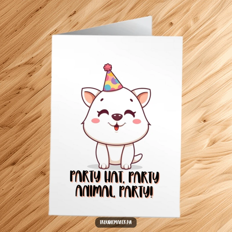 Funny Free Printable Birthday Card: Animal sports a crooked party hat, a hilarious DIY gift.