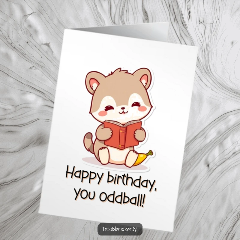 Funny Free Printable Birthday Card: A charming animal character comically trading a book for a ripe banana, celebrating a unique birthday wish.