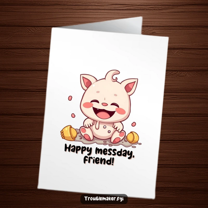 Funny Free Printable Birthday Card: Creature with a wide, innocent smile creating a delightful mess, perfect for a cherished birthday.