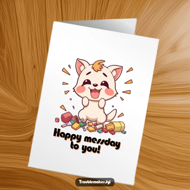 Funny Free Printable Birthday Card: Animal happily makes a mess, a hilarious DIY gift idea.