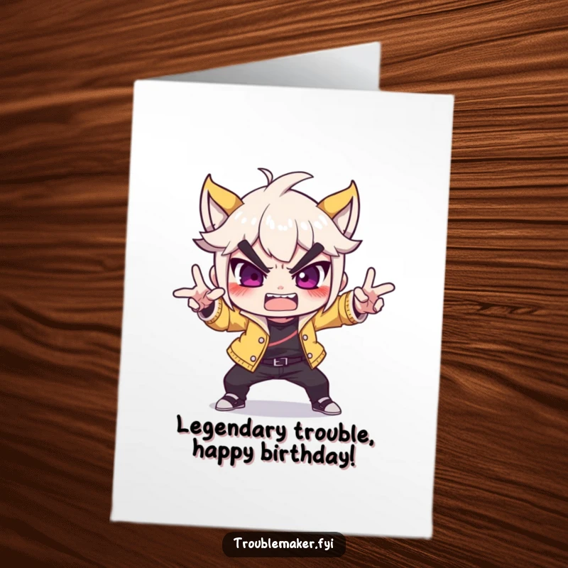 Funny Free Printable Birthday Card: A troublemaker strikes a dramatic pose, ready for birthday mischief. Hilarious downloadable greeting.