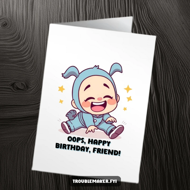 Funny Free Printable Birthday Card: Troublemaker character hilariously tripping and falling with a big grin.