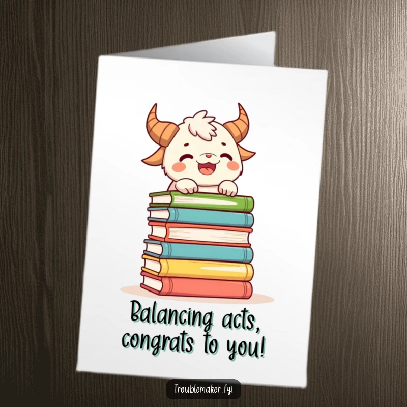 Funny Free Printable Congrats Card: A creature with horns impressively, yet precariously, balancing a tall stack of books, celebrating wisdom.