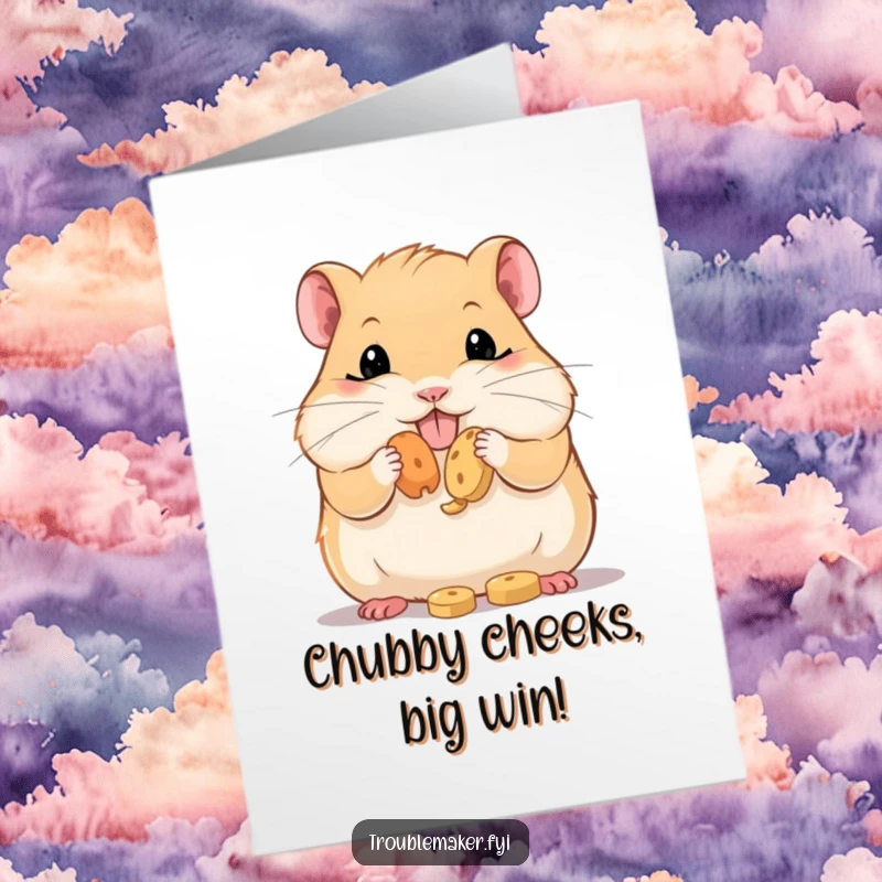 Funny Free Printable Congratulations Card of a hamster with bulging cheeks, celebrating success with treats.