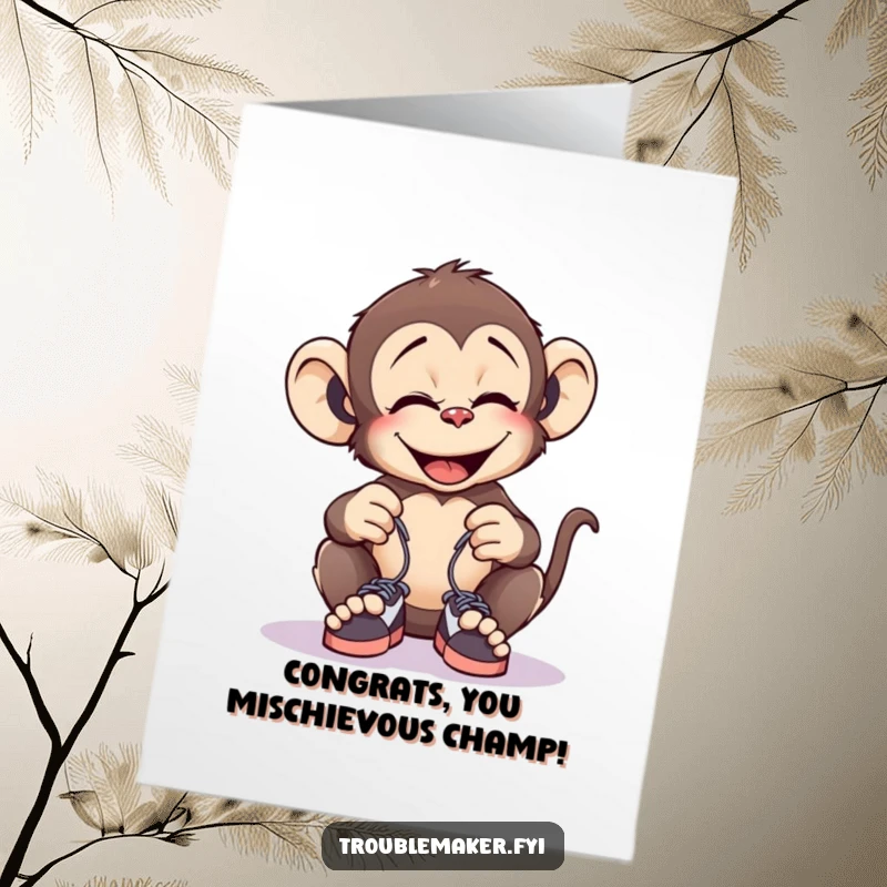 Funny Free Printable Congrats Card: A monkey giggles as it ties shoelaces, celebrating with mischief.