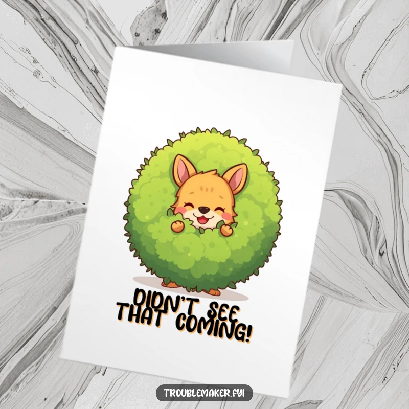 Funny Free Printable Congrats Card: A mischievous animal character peeking from behind a large, smiling bush, celebrating good news.