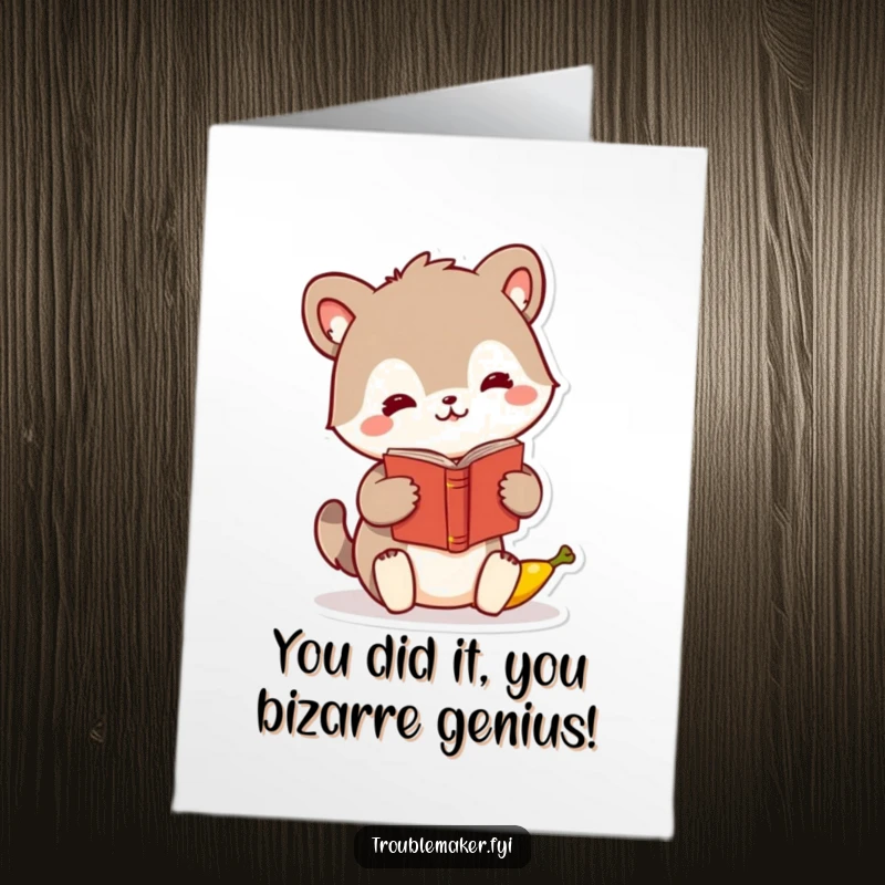 Funny Free Printable Congratulations Card: An animal character humorously swaps a book for a banana, perfect for celebrating any type of success.