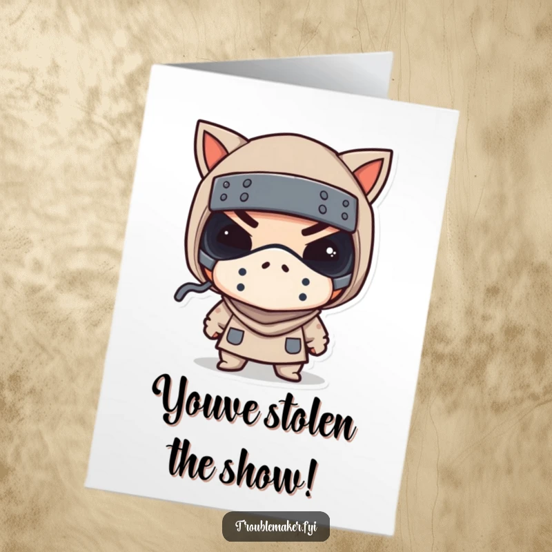 Funny Free Printable Congrats Card: Bandit character in a small mask gives a knowing wink.