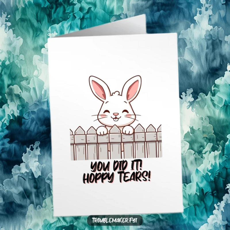 Funny Free Printable Congrats Card: Cheeky rabbit with a wide grin peeking over a fence, celebrating success with humor.