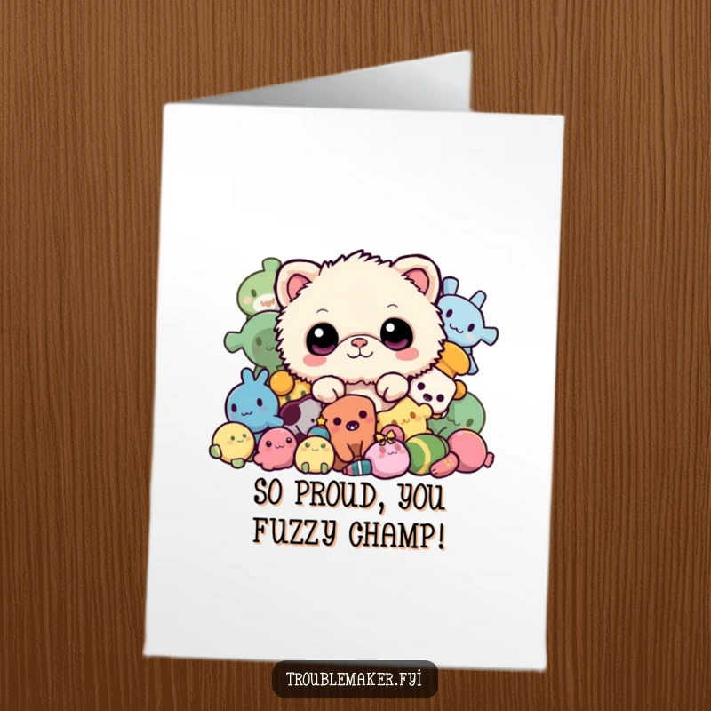 Funny free printable congratulations card: A cute fuzzy creature with a happy expression peeking from a stack of toys.