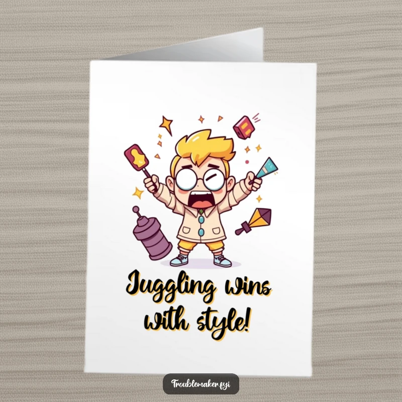 Funny Free Printable Congratulations Card showing a troublemaker character skillfully juggling chaotic objects, representing success.
