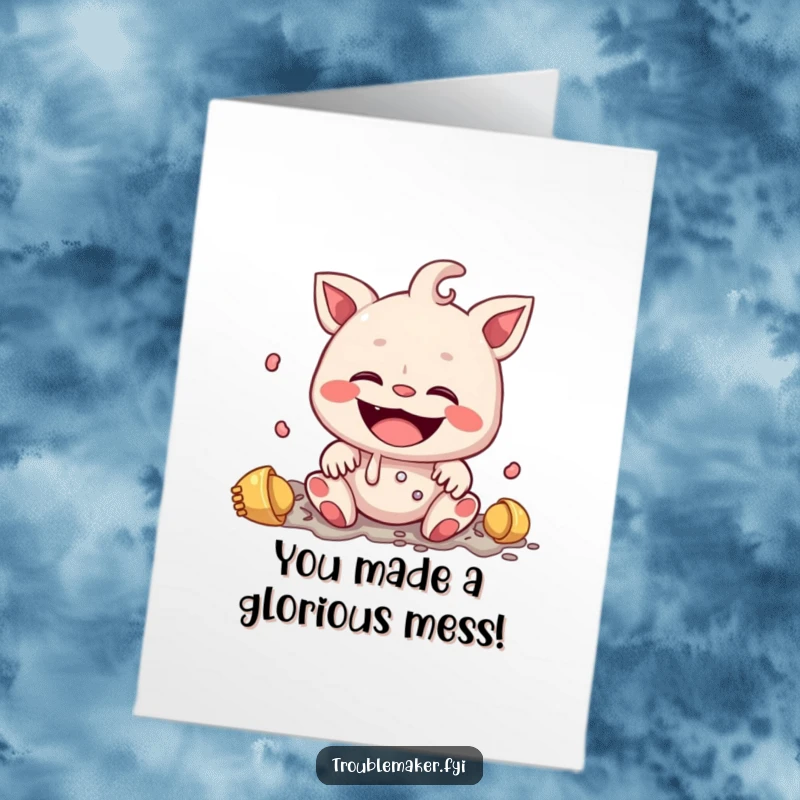 Funny Free Printable Congrats Card: Creature with a wide, innocent smile amidst a cheerful mess, celebrating a success with endearing humor.