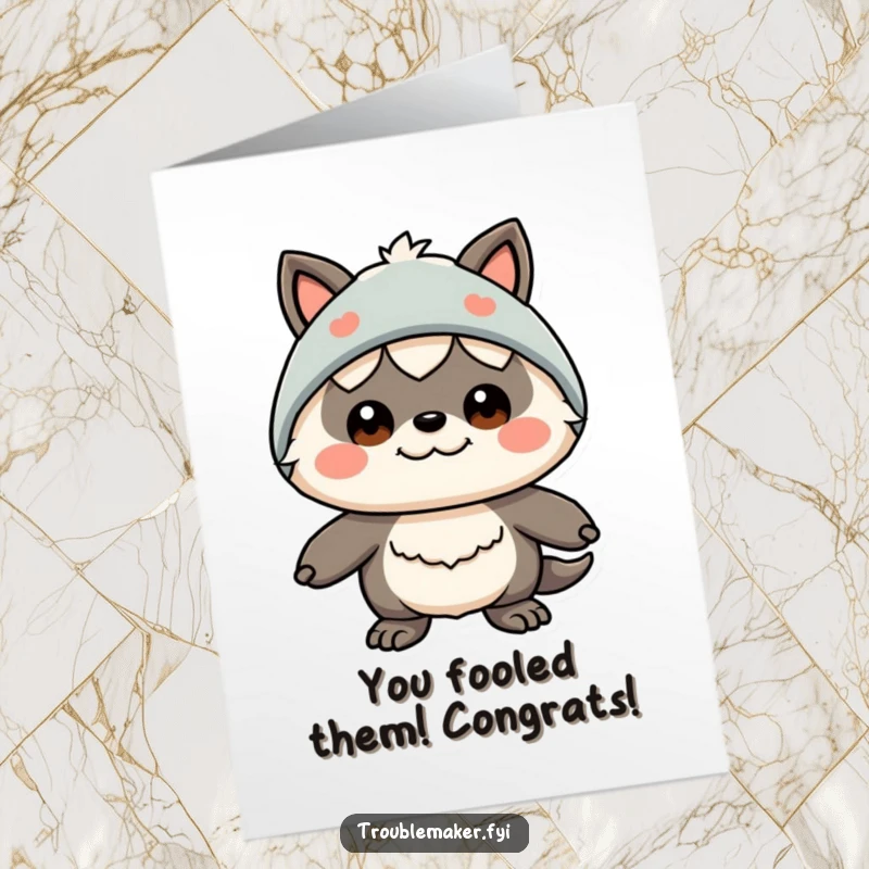 Funny free printable congratulations card: A creature with a bewildered expression in a funny, poorly executed disguise.