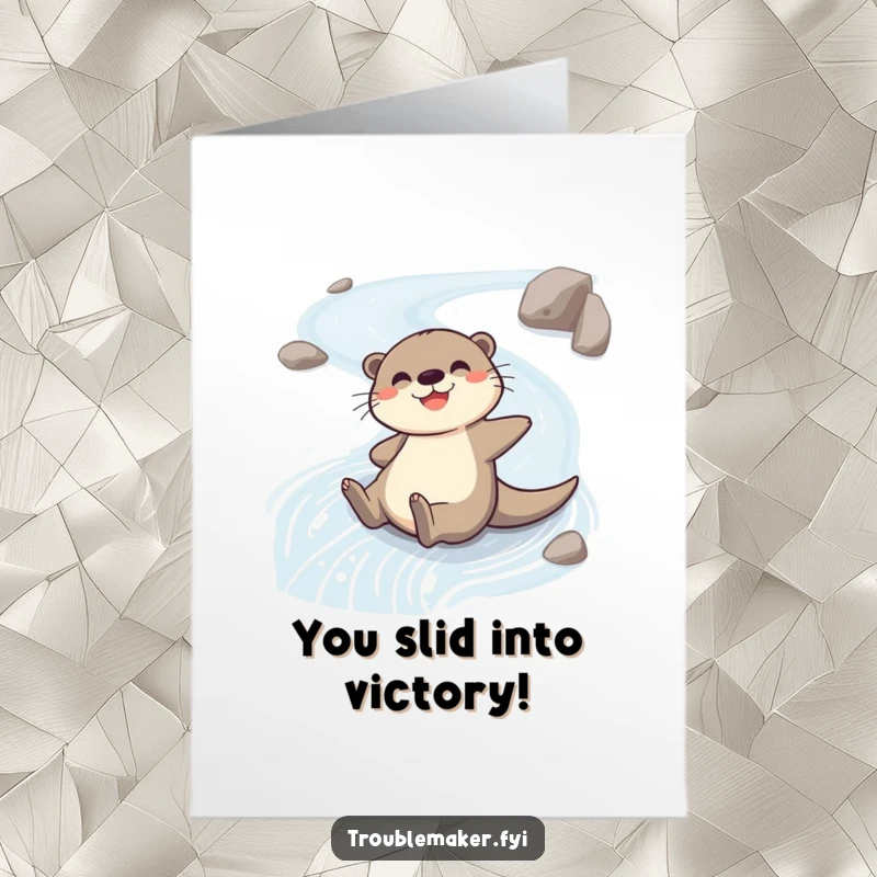 Free Printable Congratulations Card: A joyful otter gleefully sliding down a riverbank, celebrating a fantastic achievement with pure delight.