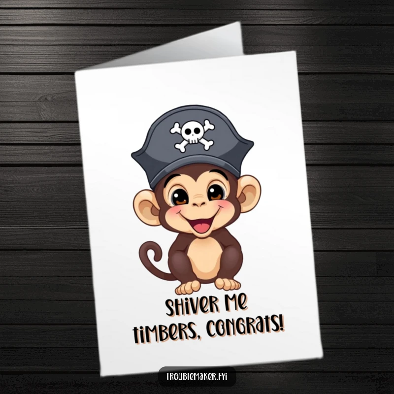 Funny Free Printable Congratulations Card showing a mischievous monkey in a pirate hat, ready to celebrate.
