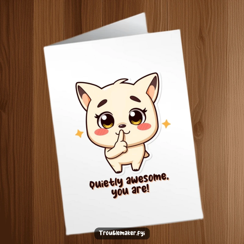 Funny Free Printable Congratulations Card showing a troublemaker character signaling quiet, perhaps for a surprise celebration of success.