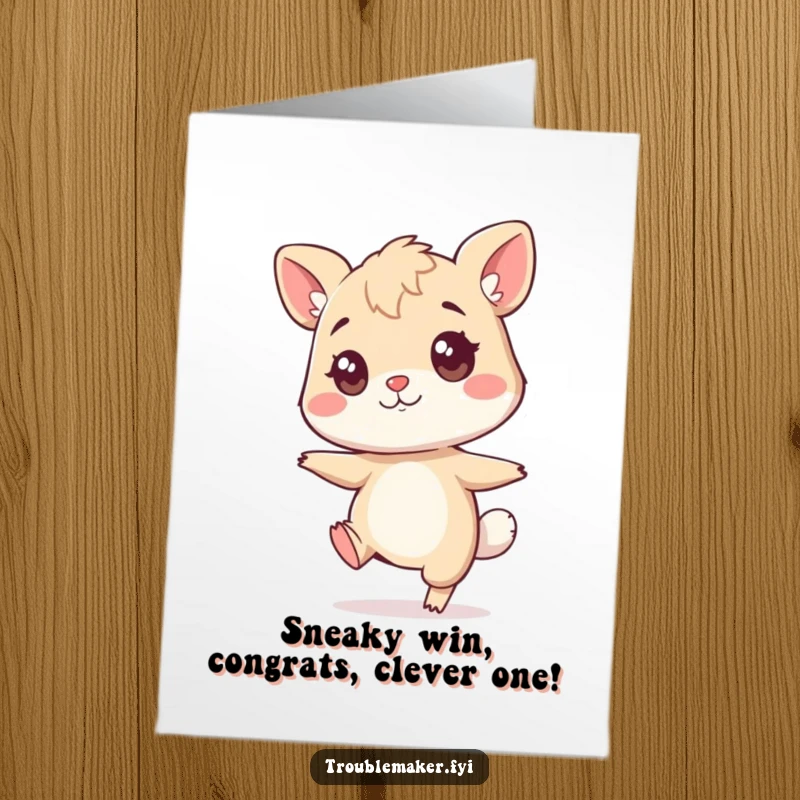 Funny free printable congratulations card showing an animal character tiptoeing with a twinkle, celebrating a sneaky or clever accomplishment.