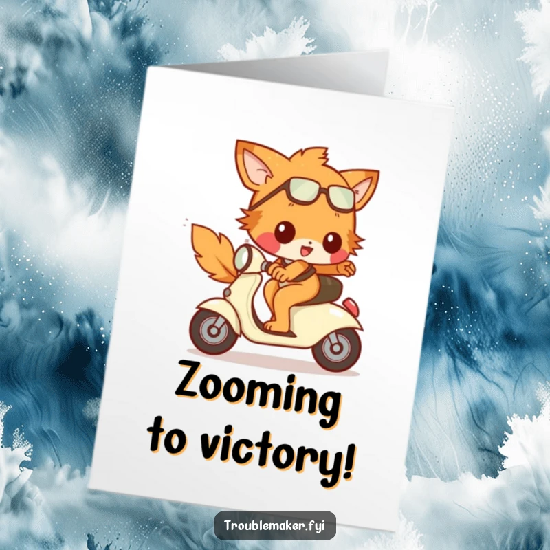 Funny Free Printable Congrats Card: Happy animal character speeding on a tiny scooter, celebrating a win.