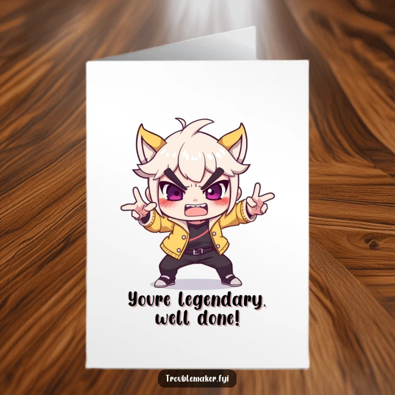 Funny Free Printable Congratulations Card: Troublemaker striking a dramatic pose, celebrating a big win. Hilarious downloadable message.