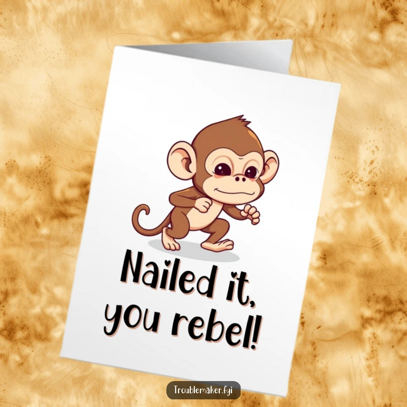 Funny Free Printable Congratulations Card: a sneaky monkey tiptoeing, delivering congratulations with playful, mischievous intent. A downloadable surprise.