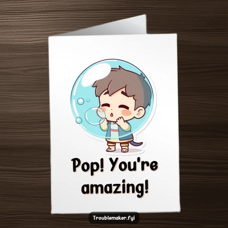 Funny Free Printable Congrats Card: Troublemaker character's giant bubble popping with a silly, surprised look.