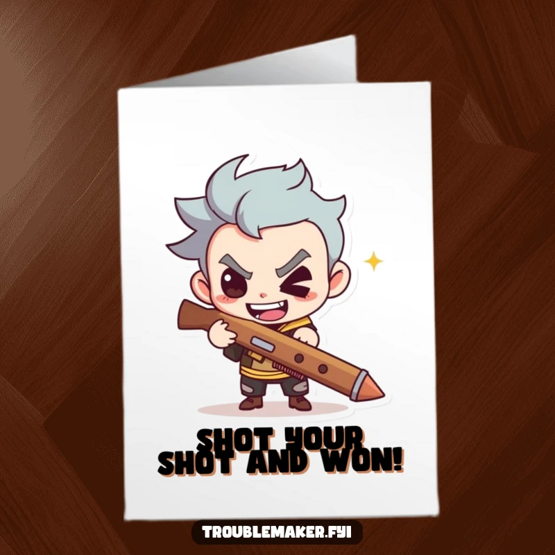 Funny Free Printable Congrats Card: Mischievous character with a slingshot offers a sly grin.