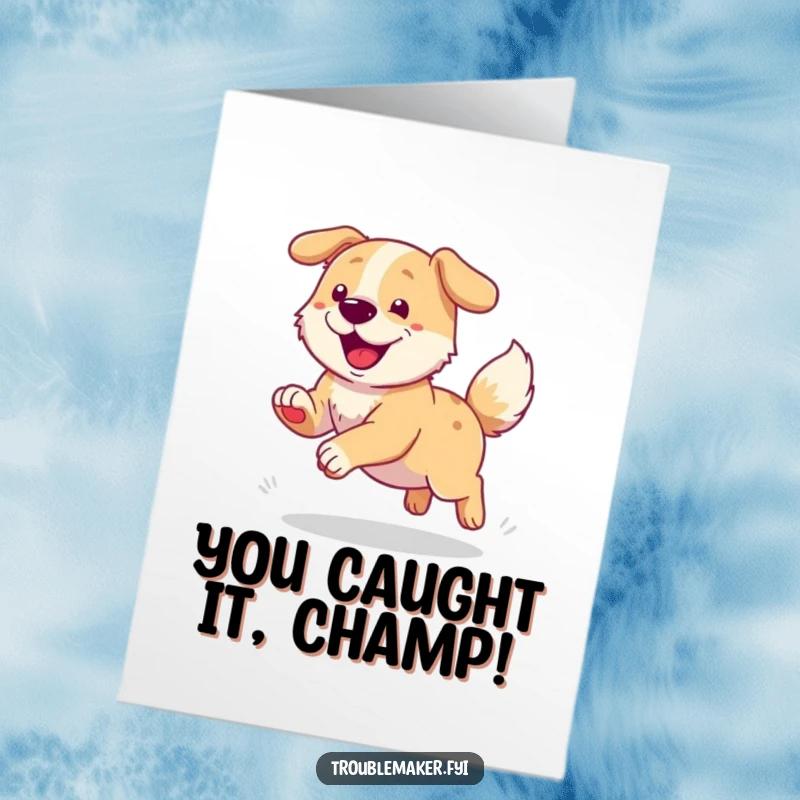 Funny Free Printable Congratulations Card: Happy dog in a delightful tail-chasing frenzy celebrating achievements.