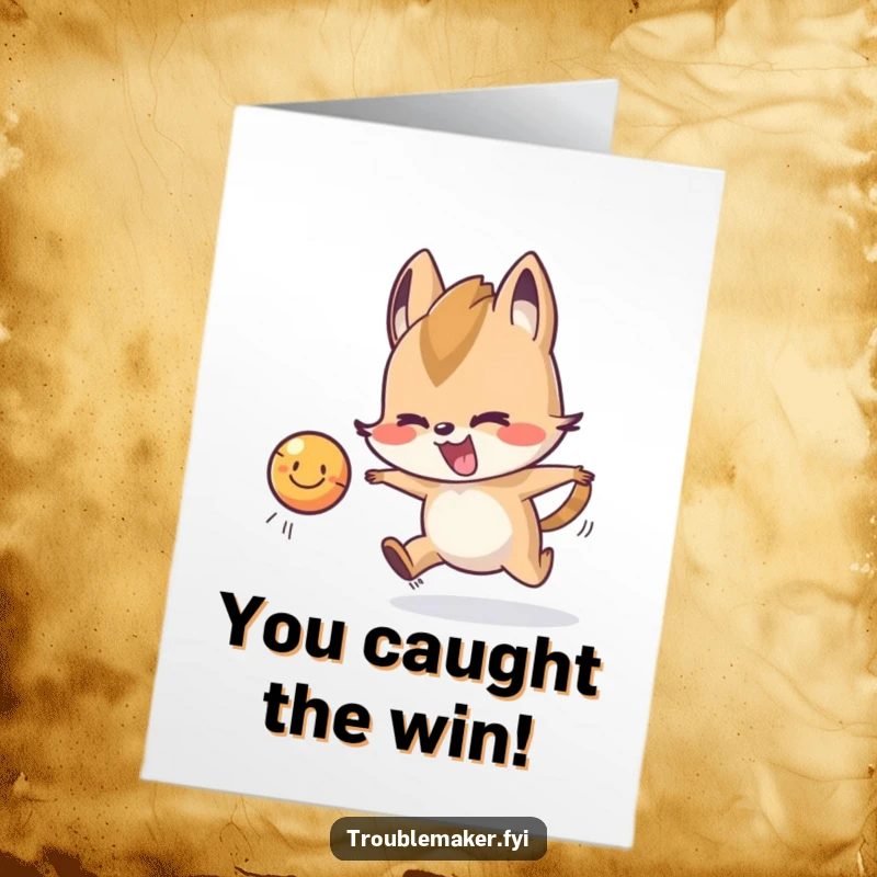 Funny Free Printable Congrats Card: Happy animal character energetically chasing a smiling ball, symbolizing achievement.