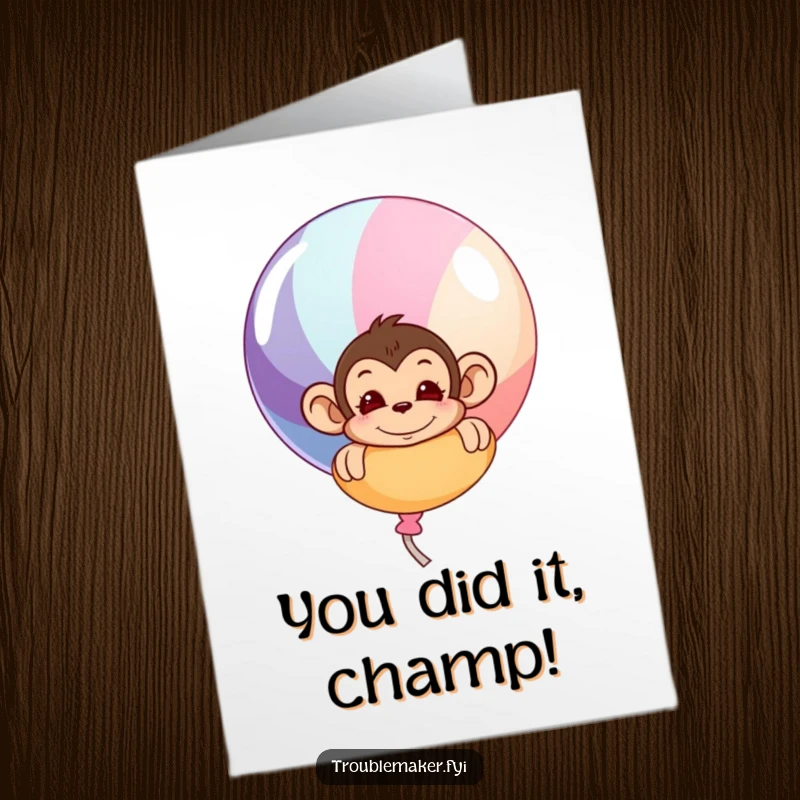 Funny Free Printable Congrats Card: Mischievous monkey hiding behind a big balloon, perfect for celebrating achievements.