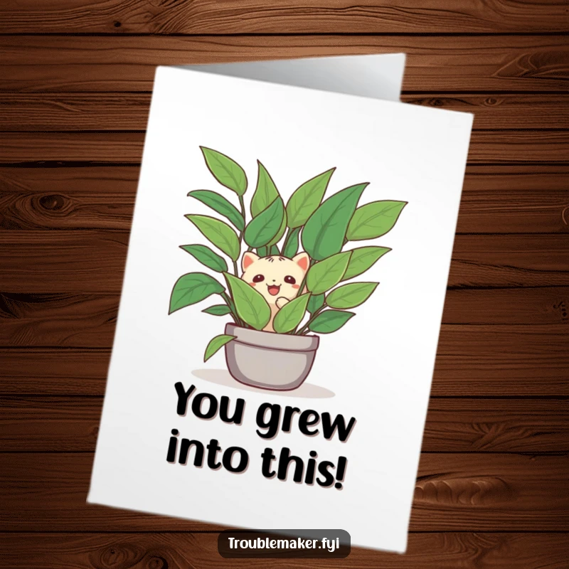Funny Free Printable Congrats Card: Creature playfully hiding behind a lush houseplant, celebrating a success with a sweet, whimsical surprise.
