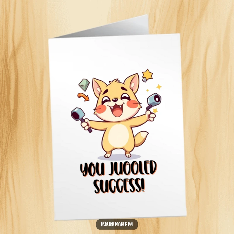 Funny Free Printable Congrats Card: Playful animal juggling shiny items, celebrating a big win.