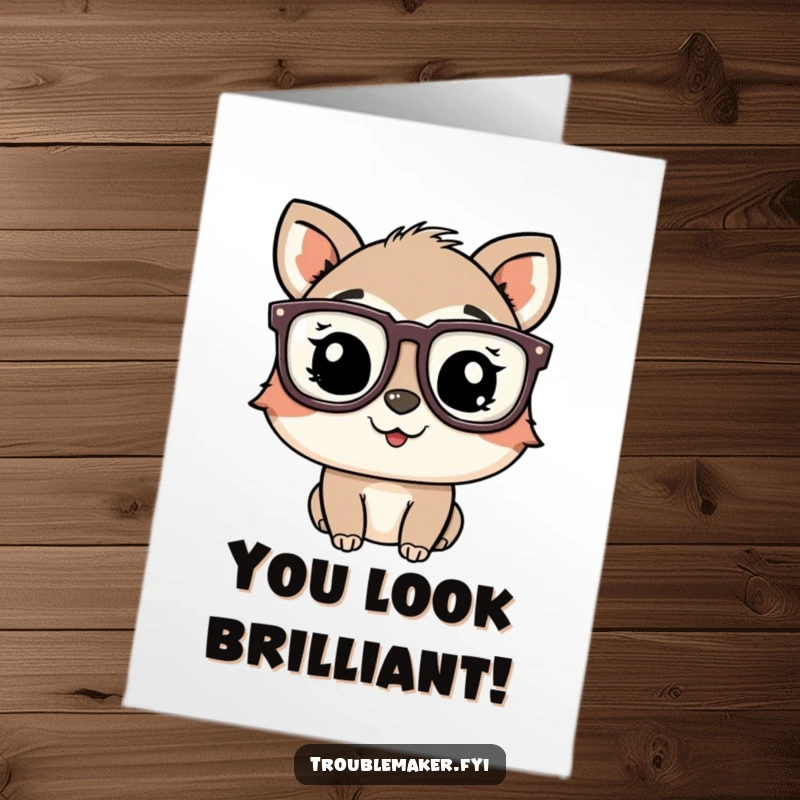 Funny Free Printable Congrats Card: Playful animal character winks from behind oversized, funny glasses, celebrating good times.