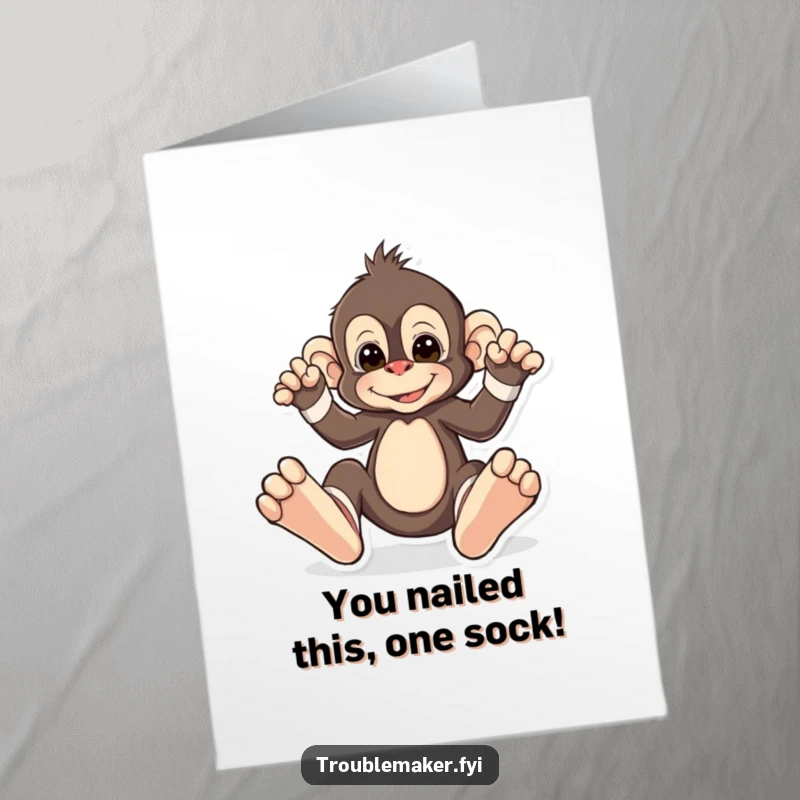 Funny Free Printable Congratulations Card: Monkey in huge, mismatched socks, a delightful downloadable gift.